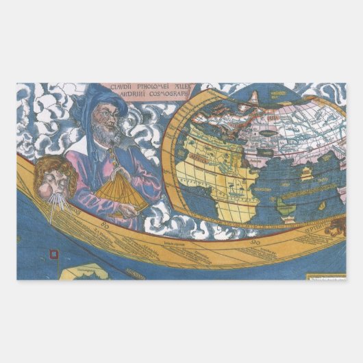 クラウディオス・プトレマイオスと1507年の古代の世界地図 長方形シール (正面)