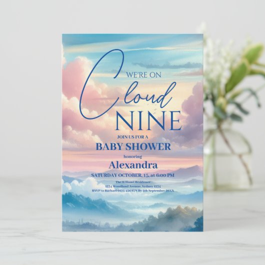 クラウドナインのレインボーグリッターベビーシャワー 招待状 (スタンド正面)