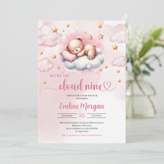 クラウドナインの女の子の赤ちゃんのシャワーの招待 招待状 (スタンド正面)
