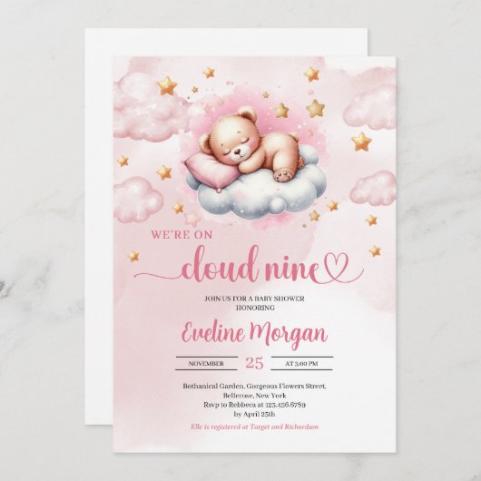 クラウドナインの女の子の赤ちゃんのシャワーの招待 招待状 (正面/裏面)