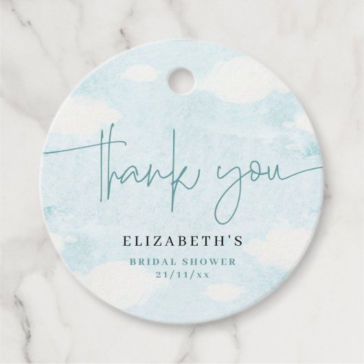 クラウドナインブルーとホワイトのブライダルシャワーのお礼 フェイバータグ (正面)