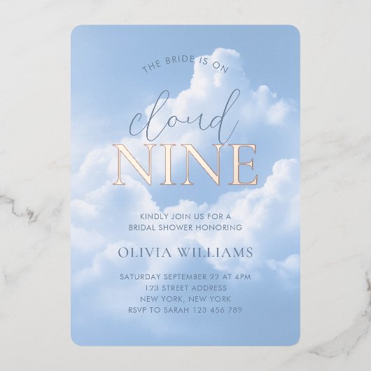 クラウドナインブルースカイクラウドブライダルシャワー 箔招待状 (正面)