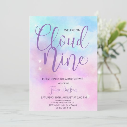 クラウドナイン女の子の赤ちゃんシャワー招待状。 招待状 (スタンド正面)