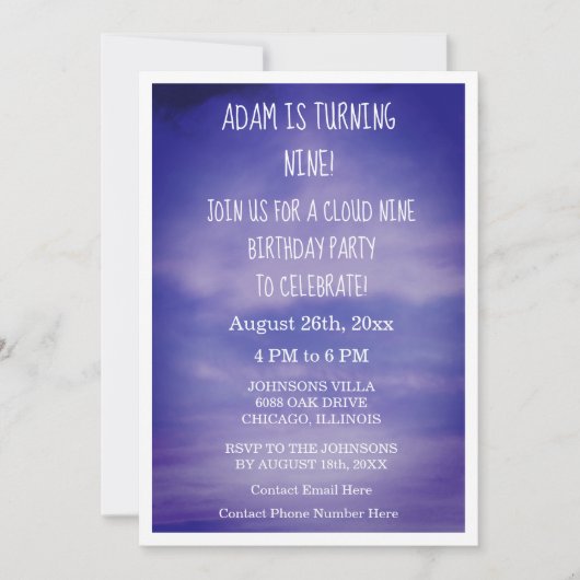 クラウドナイン誕生日ボーイズ女の子9thブルーアートドリーミー 招待状 (正面)