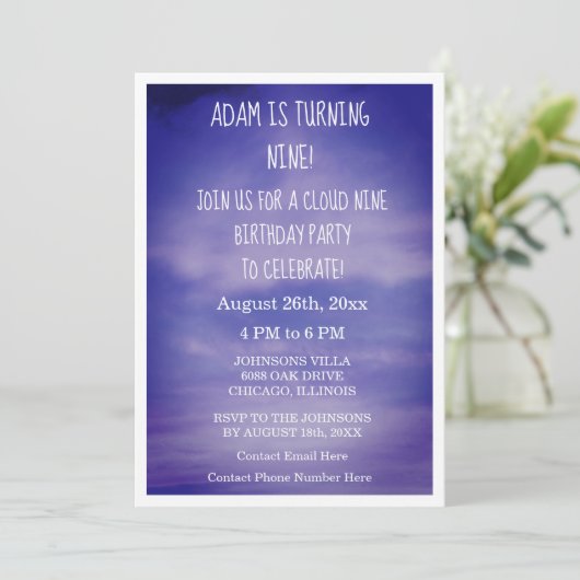 クラウドナイン誕生日ボーイズ女の子9thブルーアートドリーミー 招待状 (スタンド正面)