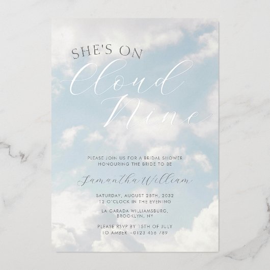 クラウドナイン青曇り空モダンブライダルシャワー 箔招待状 (正面)