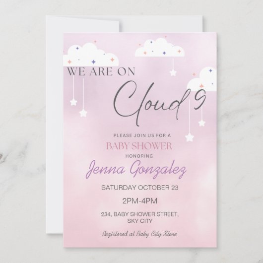 クラウドナイン9ガールピンク赤ちゃんシャワー招待状 招待状 (正面)
