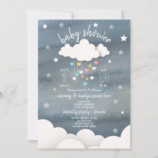 クラウドハート+スターズニュートラル赤ちゃんシャワー 招待状 (正面)