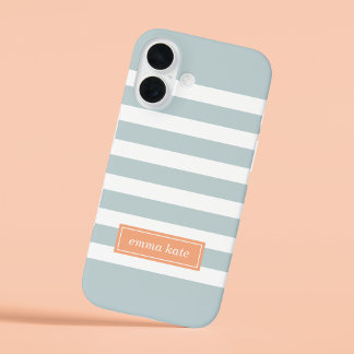 クラウドブルーとピーチの名門私立校風のストライプモノグラム iPhone 16ケース