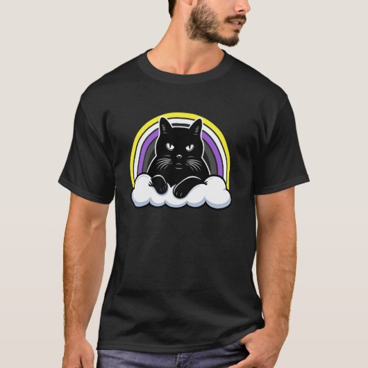 クラウド上の黒猫 ノンバイナリー プライド エンバイ 静かな力 Tシャツ (正面)