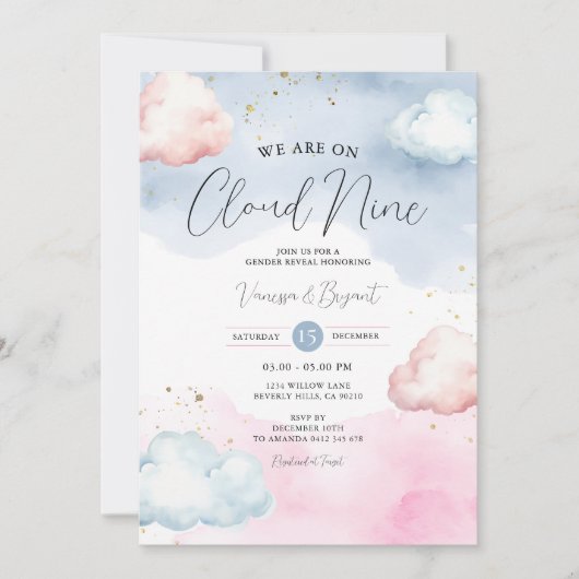 クラウド赤面ピンク&ブルー性別リビール金ゴールドグリッター 招待状 (正面)