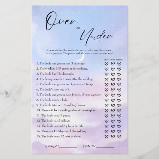 クラウド9ゲームカードの上または下のブライダルシャワー (正面)