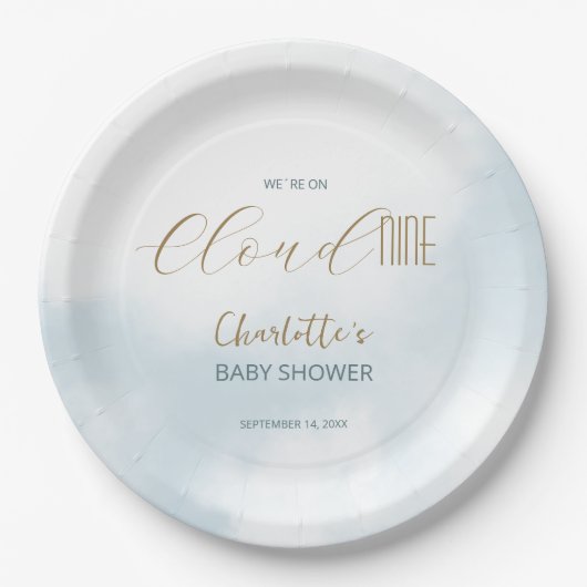 クラウド9スクリプトブルーベビーエレガントシャワーを使用している ペーパープレート (正面)