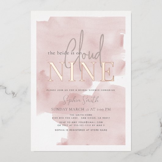 クラウド9ピンクスカイウォーターブライダルシャワー 箔招待状 (正面)