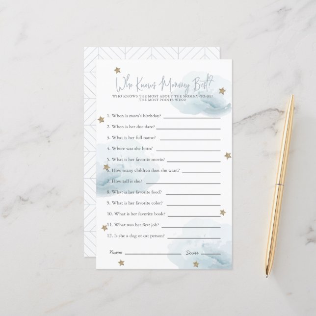 クラウド9誰が母ブルーベビーシャワーゲームを知っている (正面/裏面インサイチュ)