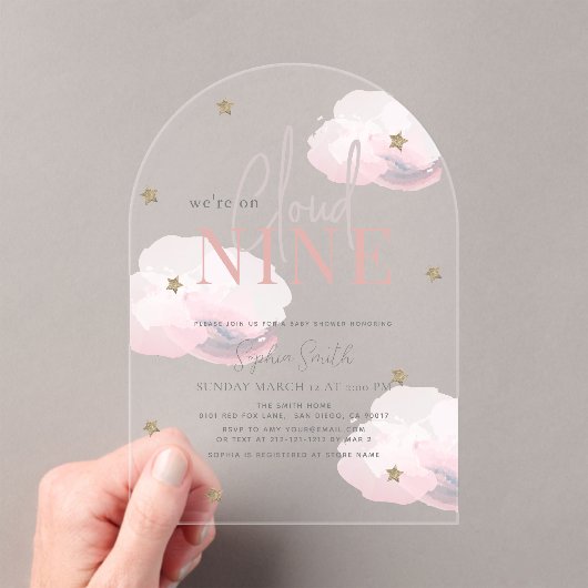 クラウド9金ゴールドスターズピンクガール赤ちゃんシャワー アクリル招待状 (インサイチュ (ポータブル))