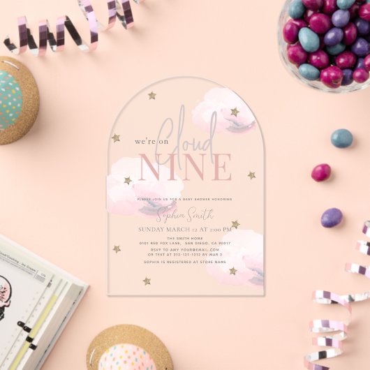 クラウド9金ゴールドスターズピンクガール赤ちゃんシャワー アクリル招待状 (インサイチュ (お祝い))