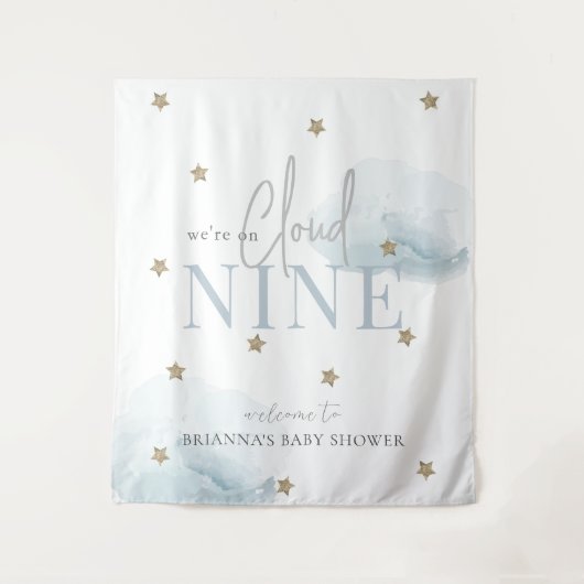 クラウド9金ゴールドスターズブルーベビーシャワーへようこそ タペストリー (正面)