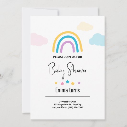 クラウド&スターズレインボー男の赤ちゃんベビーシャワーインヴィータ 招待状 (正面)