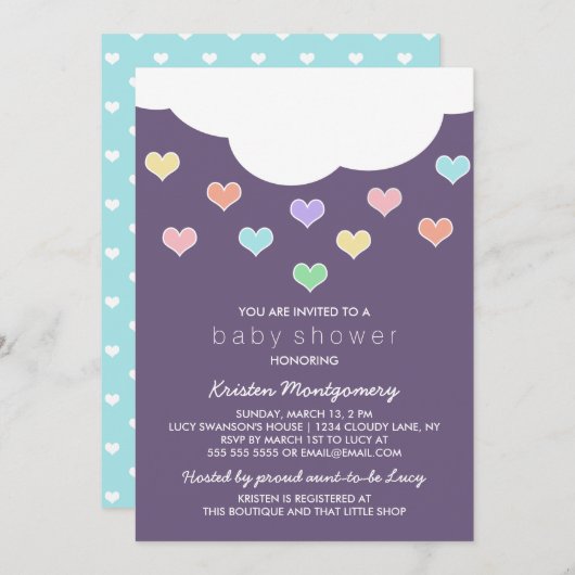 クラウド&パステルハート |紫のベビーシャワー招待状 招待状 (正面/裏面)