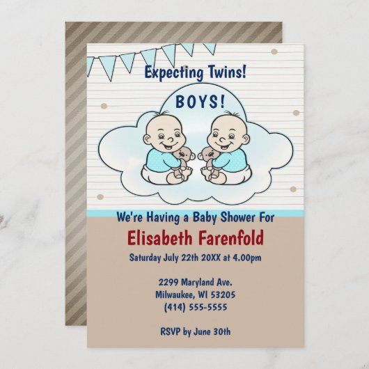 クラウド・ベビーシャワーで双子の少年を期待 招待状 (正面/裏面)