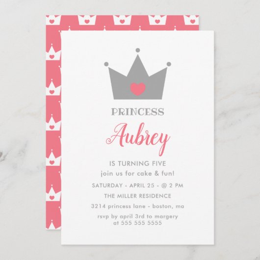 クラウンかわいらしプリンセス誕生日パーティー 招待状 (正面/裏面)