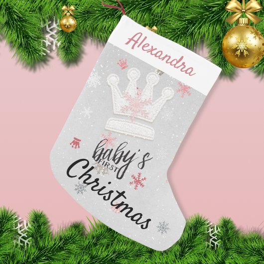 クラウンとピンクスノーフレーク初めてのクリスマス スモールクリスマスストッキング