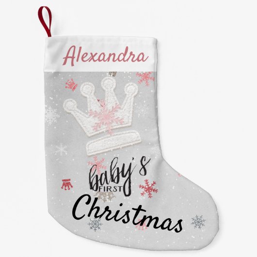 クラウンとピンクスノーフレーク初めてのクリスマス スモールクリスマスストッキング (正面)