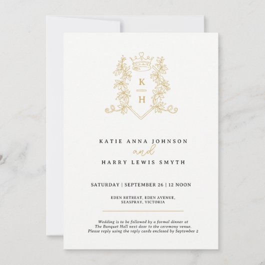 クラウンと結婚フォレージの黒金ゴールドの白 招待状 (正面)