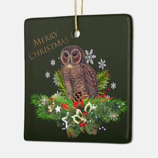 クラウンクリスマスフクロウとホリデーグリーン セラミックオーナメント (左)