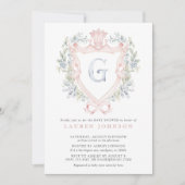 クラウンクレストモノグラムピンクブルーベビーシャワー 招待状 (正面)