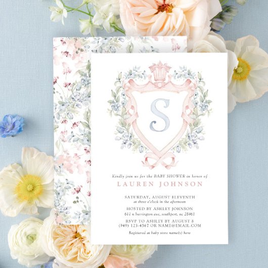 クラウンクレストモノグラムピンクブルーベビーシャワー 招待状