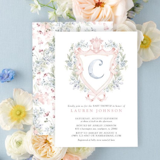 クラウンクレストモノグラムピンクブルーベビーシャワー 招待状