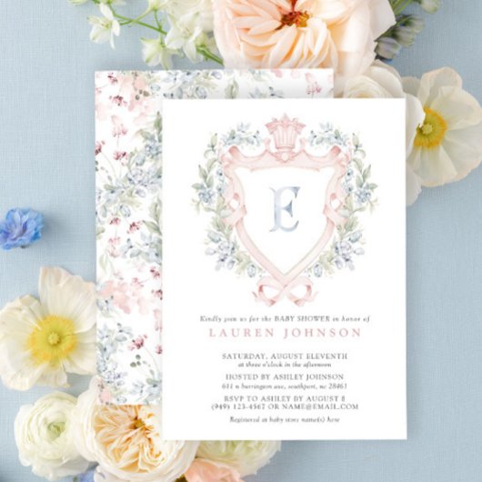 クラウンクレストモノグラムピンクブルーベビーシャワー 招待状