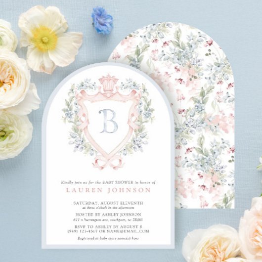 クラウンクレストモノグラムピンクブルーベビーシャワー 招待状