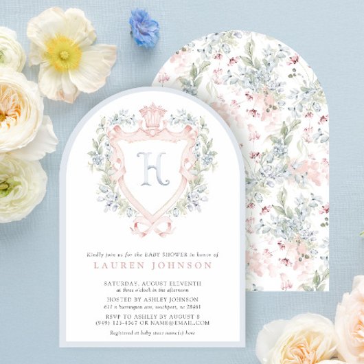 クラウンクレストモノグラムピンクブルーベビーシャワー 招待状