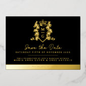 クラウンクレスト黒金ゴールド写真結婚式の日付を保存 箔招待状 (正面)