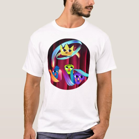 クラウンデッド・カオス – カラフルな抽象的な顔 Tシャツ (正面)