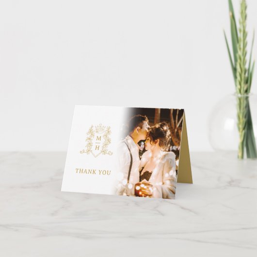 クラウンハートモノグラム金ゴールド結婚ホワイトの写真 サンキューカード (正面)