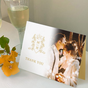 クラウンハートモノグラム金ゴールド結婚ホワイトの写真 サンキューカード