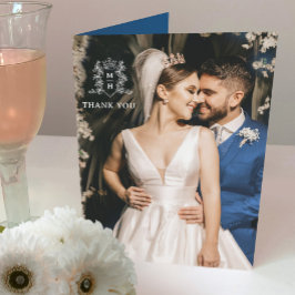 クラウンハートモノグラム 青 白 結婚式の写真 サンキューカード