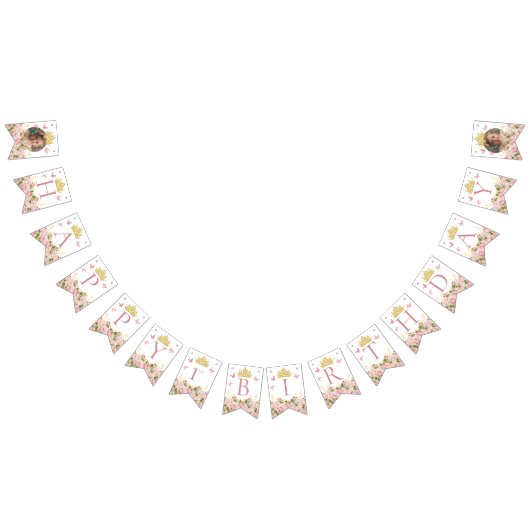 クラウンバタフライピンクフローラ写真ハッピーバースデー バンティングフラッグ (全)