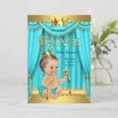 クラウンプリンスベビーシャワー金ゴールドアクアティール（緑がかった色）ブルネット 招待状 (スタンド正面)