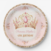 クラウンプリンセスピンクフローラグリッター金ゴールド誕生日 ペーパープレート (正面)