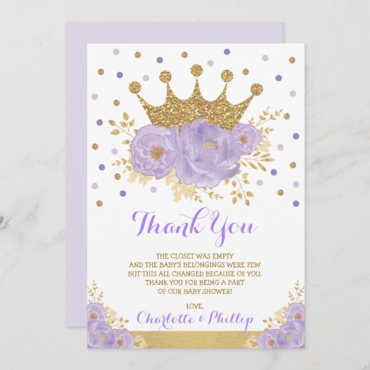クラウンプリンセスベビーシャワー紫金ゴールドフローラ サンキューカード (正面/裏面)
