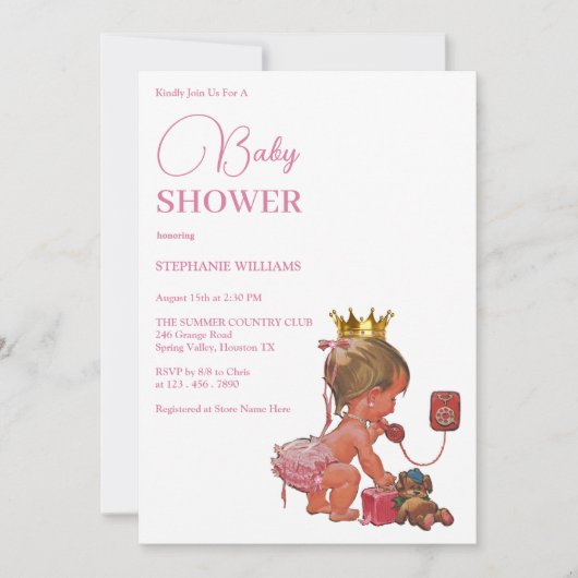 クラウンベビーシャワー付き小さな女の子 招待状 (正面)
