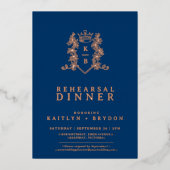 クラウンモノグラムブルーバラ結婚金ゴールドのリハーサル 箔招待状 (正面)