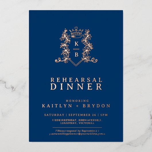クラウンモノグラムブルーバラ結婚金ゴールドのリハーサル 箔招待状 (正面)