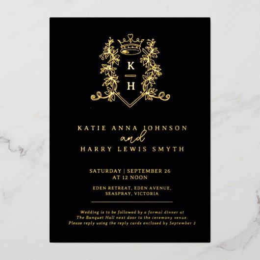 クラウンモノグラム結婚フォレイジの黒金ゴールド 箔招待状 (正面)