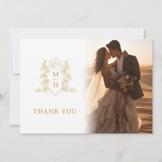 クラウンモノグラム結婚金ゴールドの写真QRコード サンキューカード (正面)